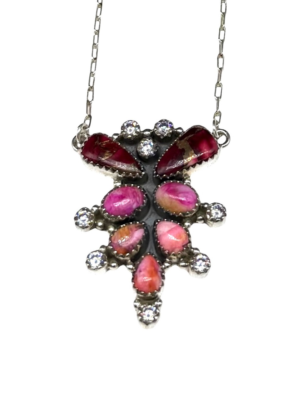 Kingman Pink Dahlia Red Rose Turquoise Pendant Necklace 925 Sterling Silver